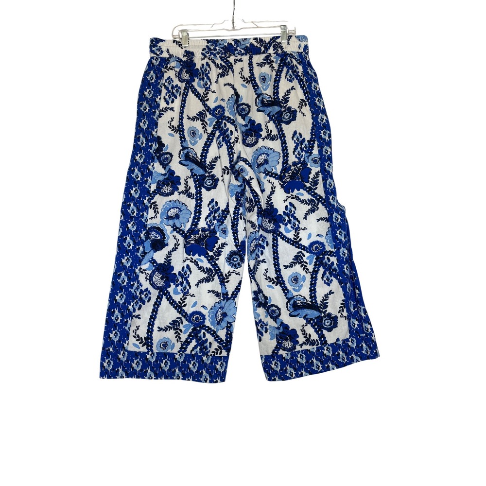 Style & Co Blue White Floral Linen Blend Wide Leg Crop Pants Womens XL Boho